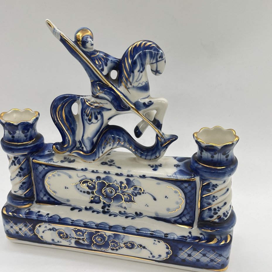 Подсвечник на 2 свечи "Георгий Победоносец", авт. Жуков, Гжель