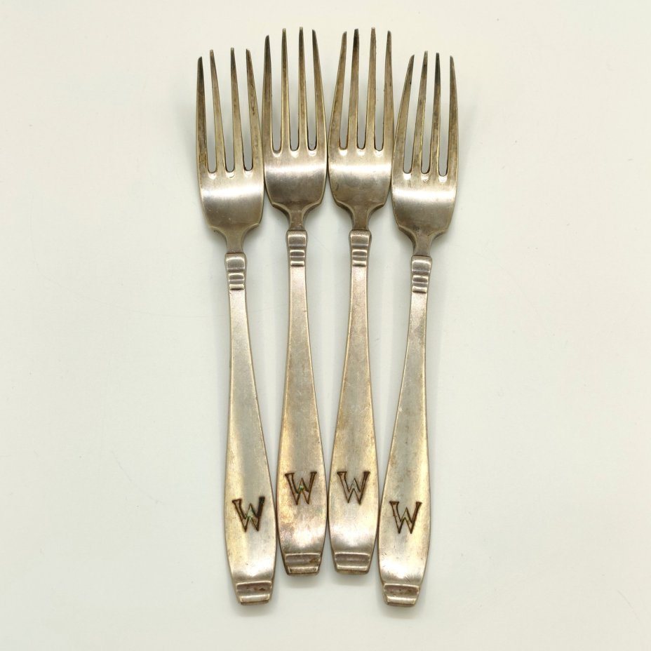 Набор из 4-х столовых вилок, украшенных монограммами, клеймо Martin, металл, серебрение, Германия, 1920-1950 гг.
