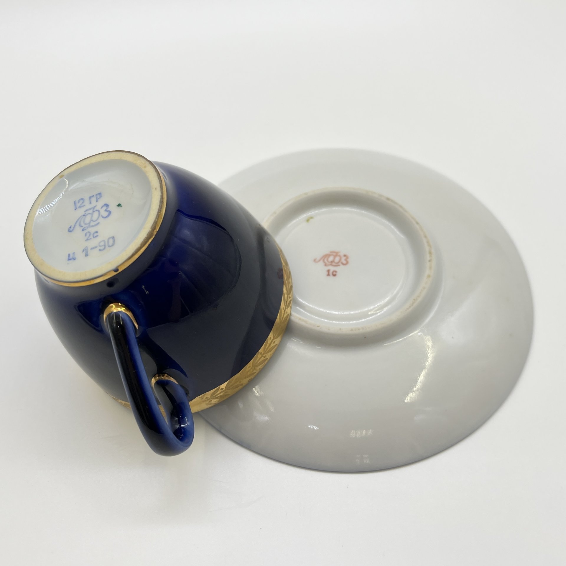 Кофейная пара (в подборе), фарфор, крытье кобальтом, золочение, Ленинградский фарфоровый завод (ЛФЗ), СССР, 1970-1990 гг.