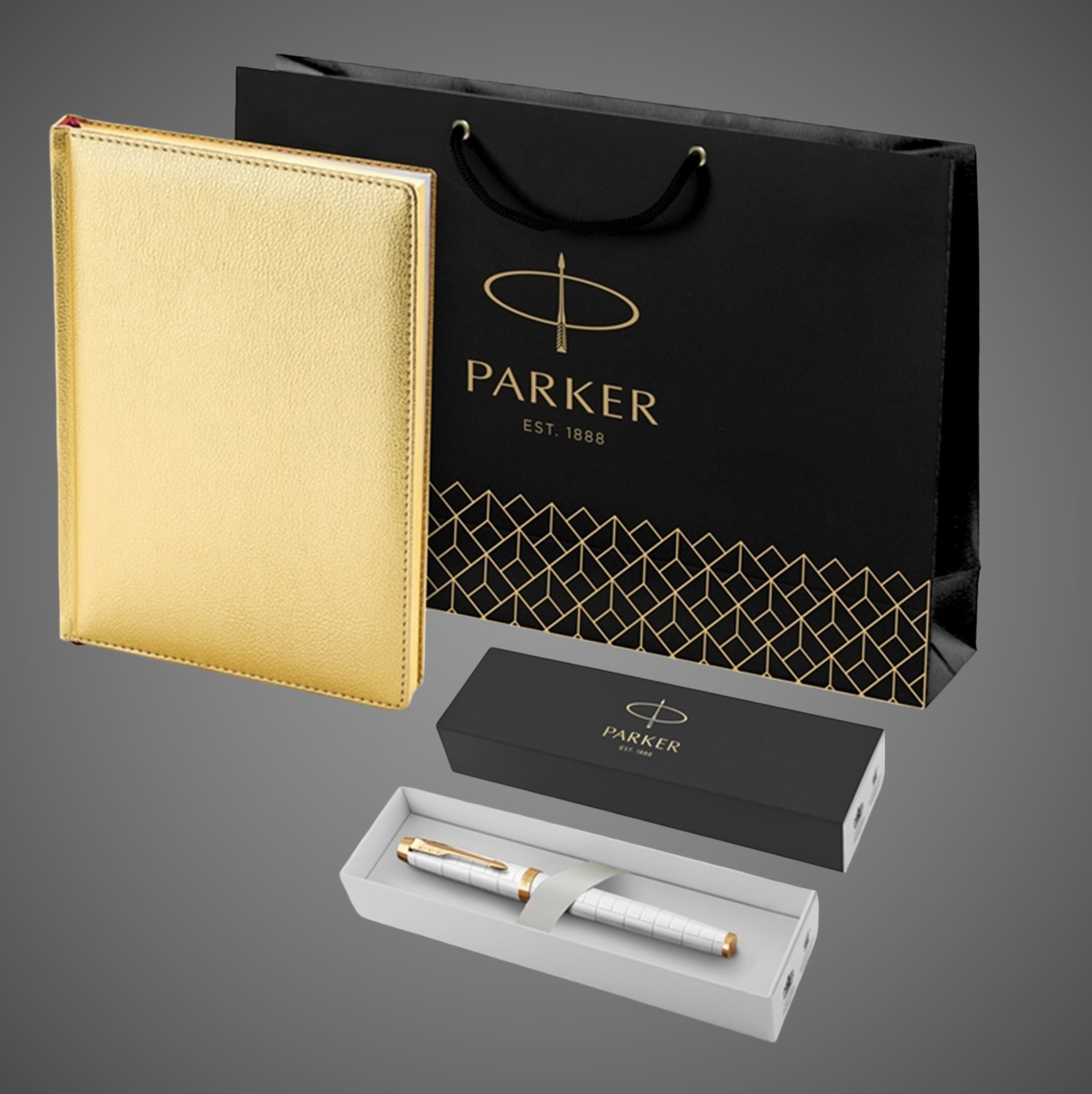 Подарочный набор: Ручка перьевая Parker IM Premium F318 Pearl GT, цвет чернил синий и золотистый ежедевник с золотым срезом, Металлы: латунь, сталь