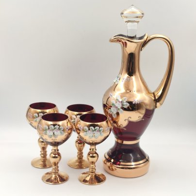 Набор для подачи крепленых вин и крепких напитков на 4 персон, стекло, лепной декор, золочение, Bohemia (Neurohlau), Чехословакия, 1970-1990 гг.