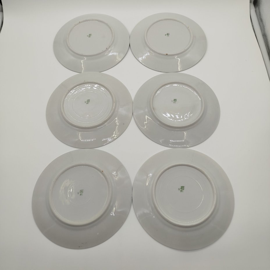 Набор из шести десертных тарелок с синем кантом, фарфор, крытье, золочение, деколь, Фарфоровый завод «Пролетарий» (Бронница, Мста), СССР, 1958-1967 гг.