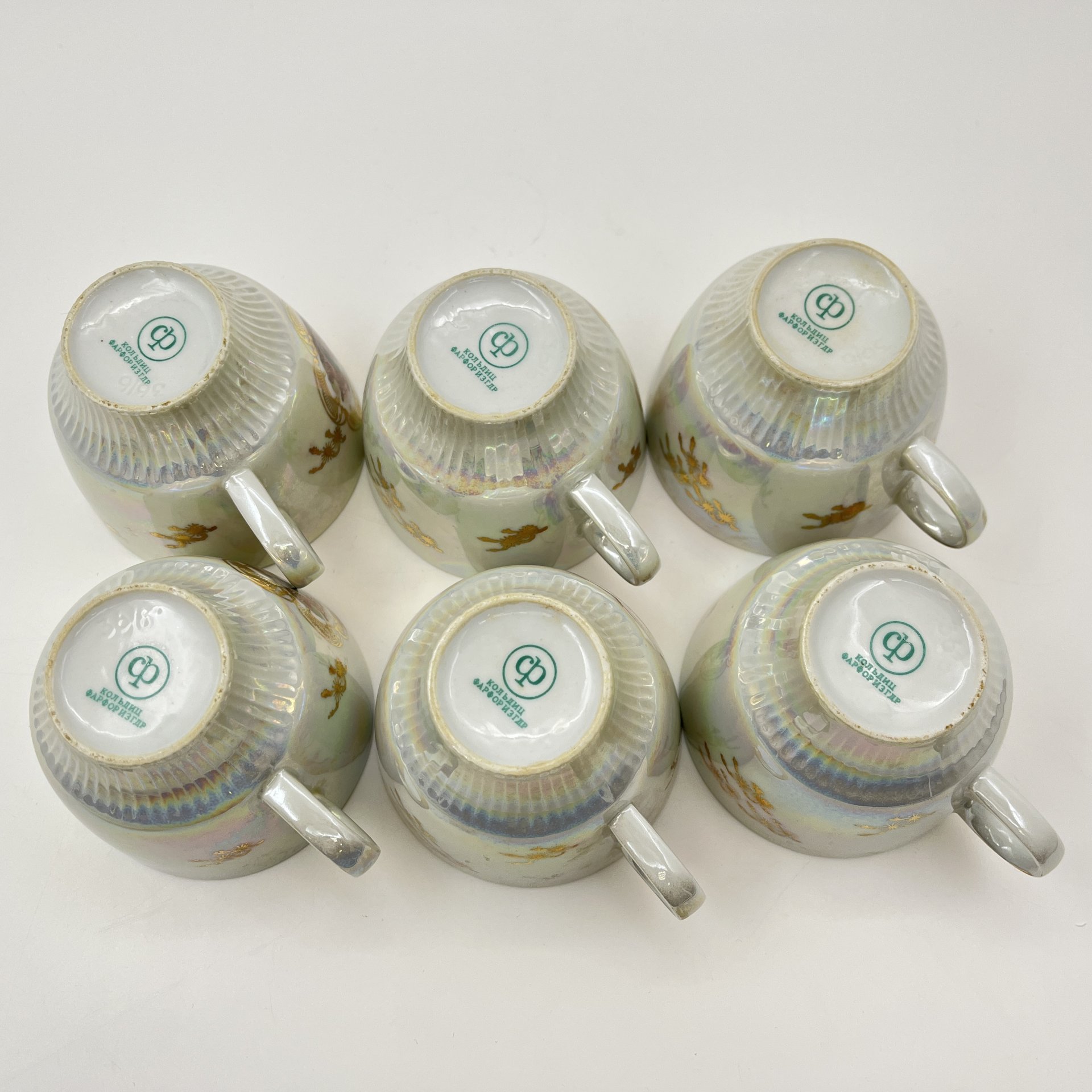 Сервиз чайно-кофейный на 6 персон "Мадонна" (15 предметов), фарфор, люстр, деколь, золочение, Colditz (Кольдиц), ГДР, 1960-1980 гг.