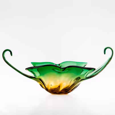 Ваза для десертов (фруктовница) янтарно-зеленого оттенка Cristallo Venezia, стекло, sommerso, Murano, Италия, 1960-1970 гг., Murano