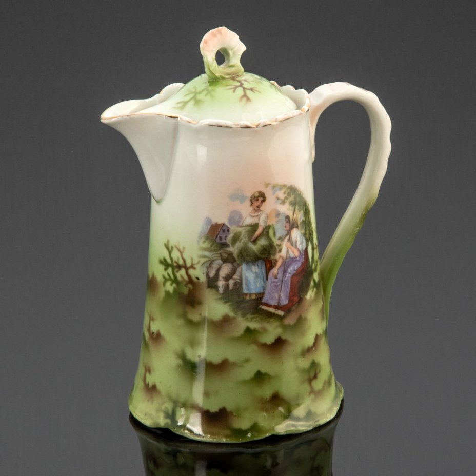 Кофейник "Жницы", фарфор, крытье, деколь, золочение, Дмитровский фарфоровый завод (ДФЗ Вербилки), СССР, 1917-1940 гг., Дмитровский фарфоровый завод (ДФЗ Вербилки)