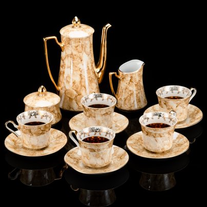 Сервиз чайный с декором в виде разводов в песочно-золотистой гамме на 5 персон (13 предметов), фарфор, люстр, золочение, Walbrzych, Польша, 1952-1992 гг.