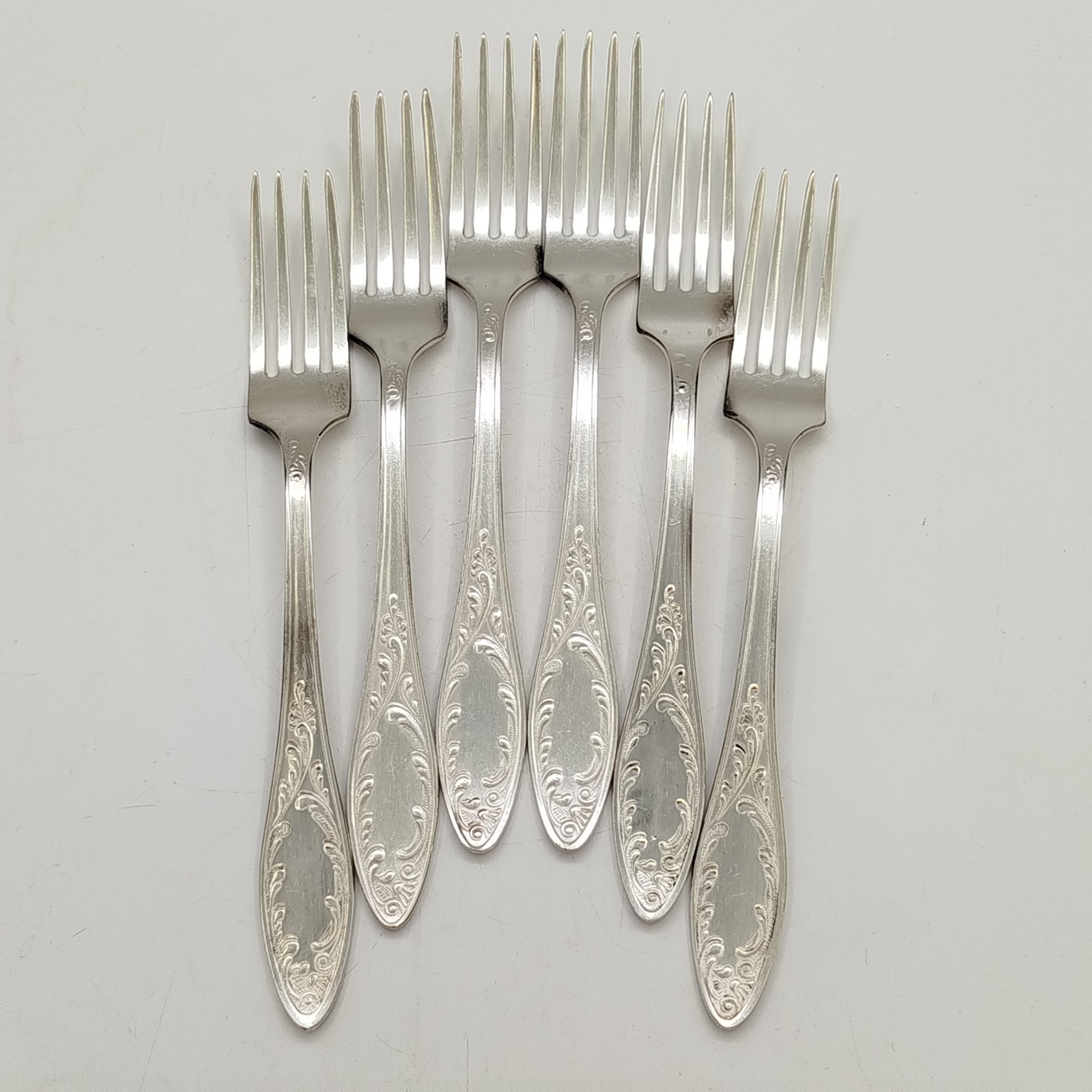 Набор столовых вилок "Пламя" на 6 персон, мНЦ (медь-никель-цинк), Кольчугинский завод цветных металлов, СССР, 1960-1990 гг.