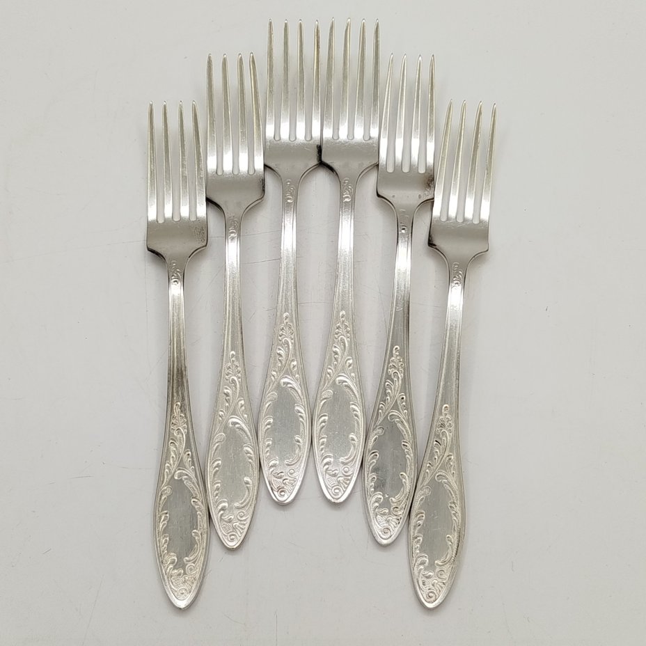 Набор столовых вилок "Пламя" на 6 персон, мНЦ (медь-никель-цинк), Кольчугинский завод цветных металлов, СССР, 1960-1990 гг.