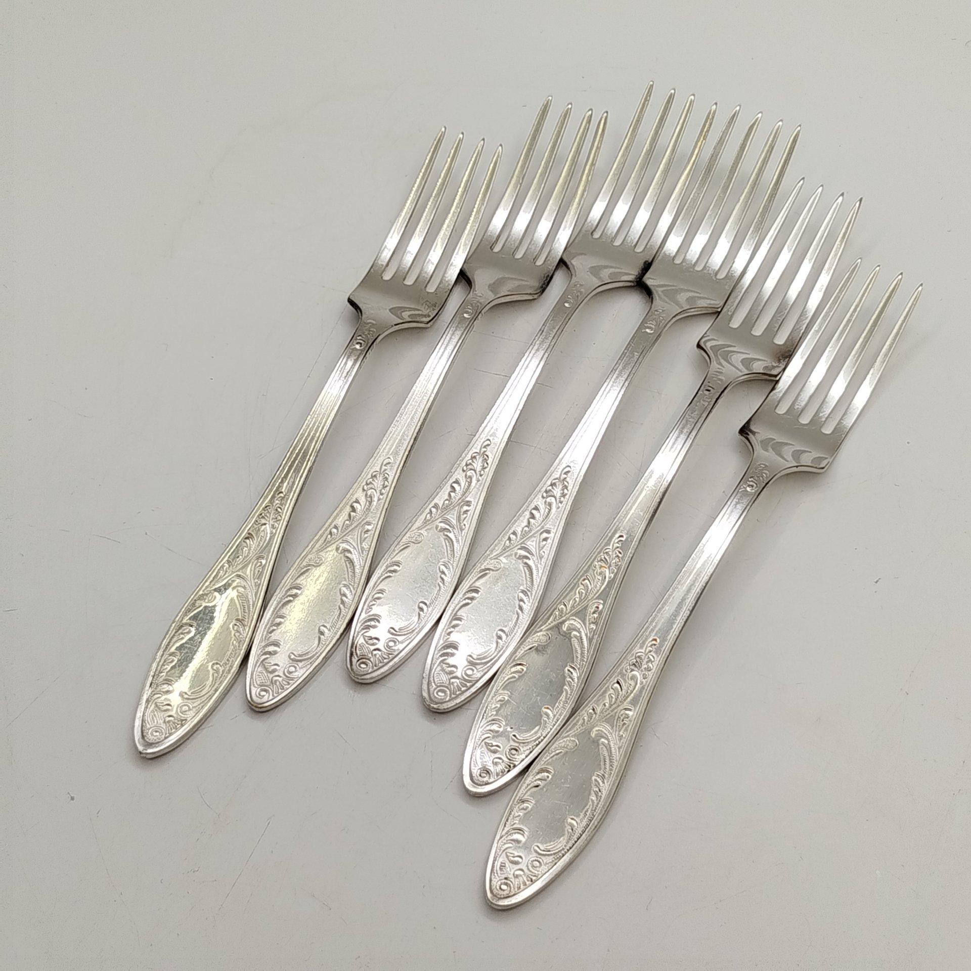 Набор столовых вилок "Пламя" на 6 персон, мНЦ (медь-никель-цинк), Кольчугинский завод цветных металлов, СССР, 1960-1990 гг.