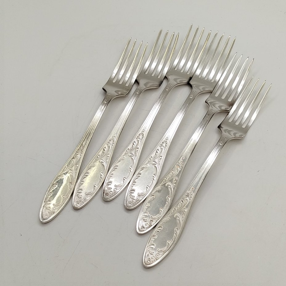 Набор столовых вилок "Пламя" на 6 персон, мНЦ (медь-никель-цинк), Кольчугинский завод цветных металлов, СССР, 1960-1990 гг.