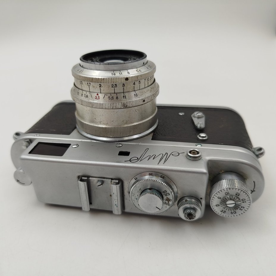 Фотоаппарат "Мир" с объективом "Индустар-50" в оригинальном кофре, металл, кожа, стекло, полимерный материал, Красногорский механический завод (КМЗ), СССР, 1960 г.