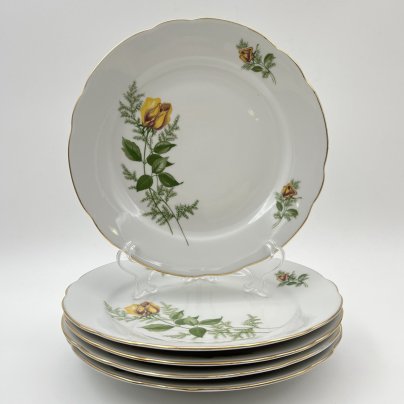 Набор десертных тарелок "Желтая роза" на 5 персон, фарфор, деколь, золочение, Kahla, ГДР, 1970-1980 гг.