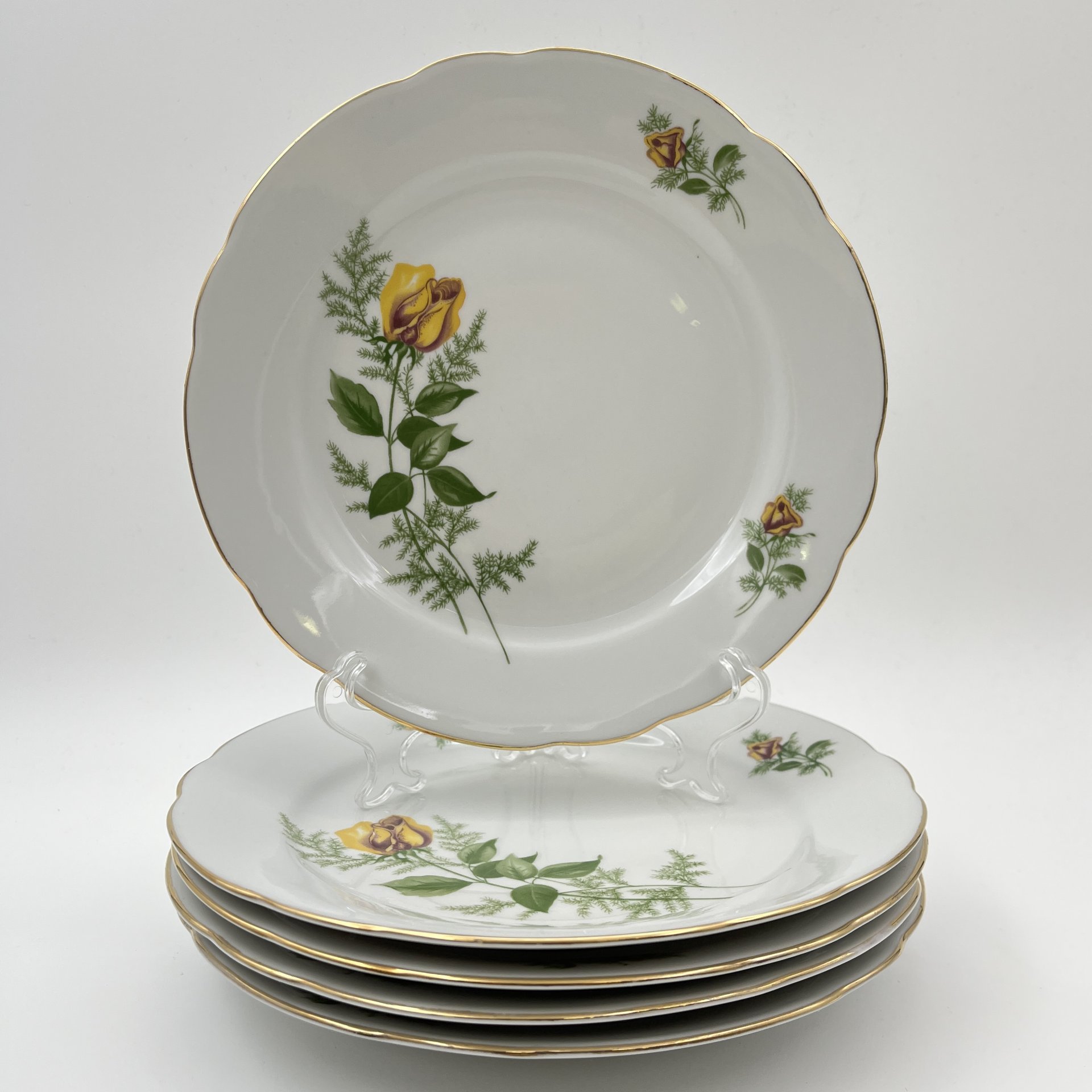 Набор десертных тарелок "Желтая роза" на 5 персон, фарфор, деколь, золочение, Kahla, ГДР, 1970-1980 гг.