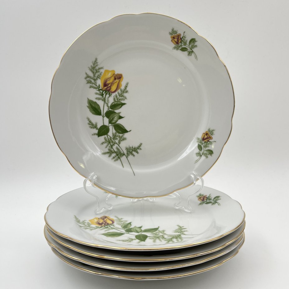 Набор десертных тарелок "Желтая роза" на 5 персон, фарфор, деколь, золочение, Kahla, ГДР, 1970-1980 гг.