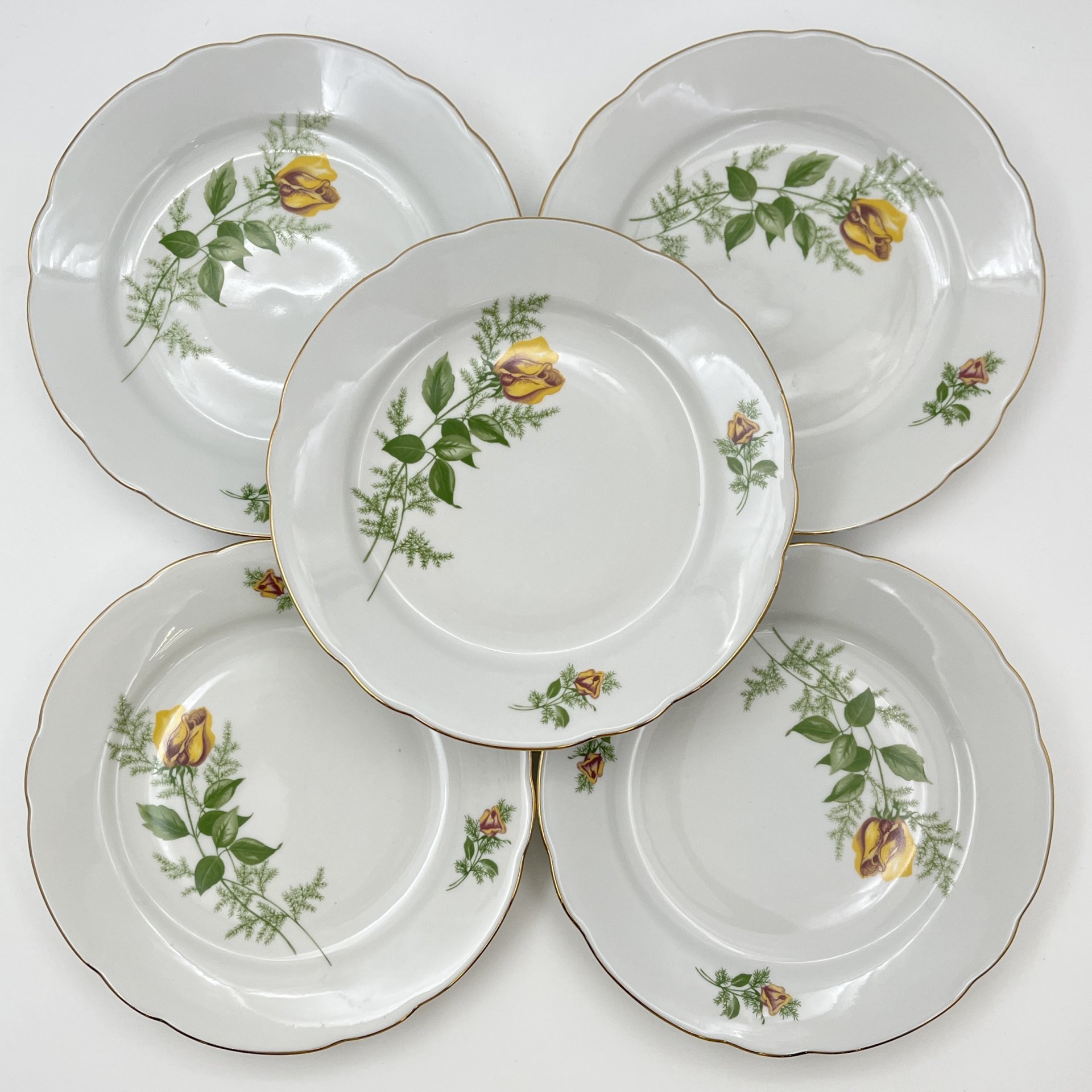 Набор десертных тарелок "Желтая роза" на 5 персон, фарфор, деколь, золочение, Kahla, ГДР, 1970-1980 гг.