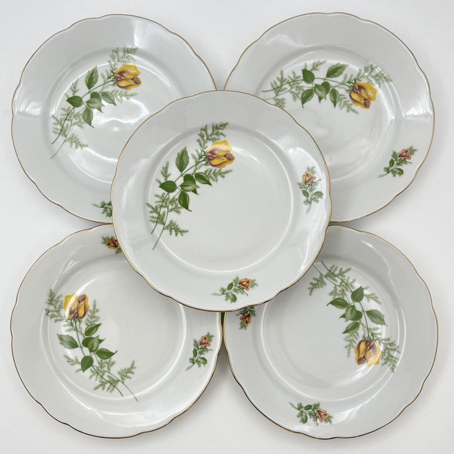 Набор десертных тарелок "Желтая роза" на 5 персон, фарфор, деколь, золочение, Kahla, ГДР, 1970-1980 гг.