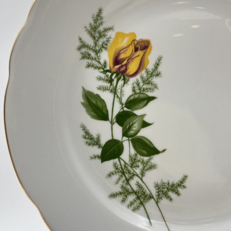 Набор десертных тарелок "Желтая роза" на 5 персон, фарфор, деколь, золочение, Kahla, ГДР, 1970-1980 гг.