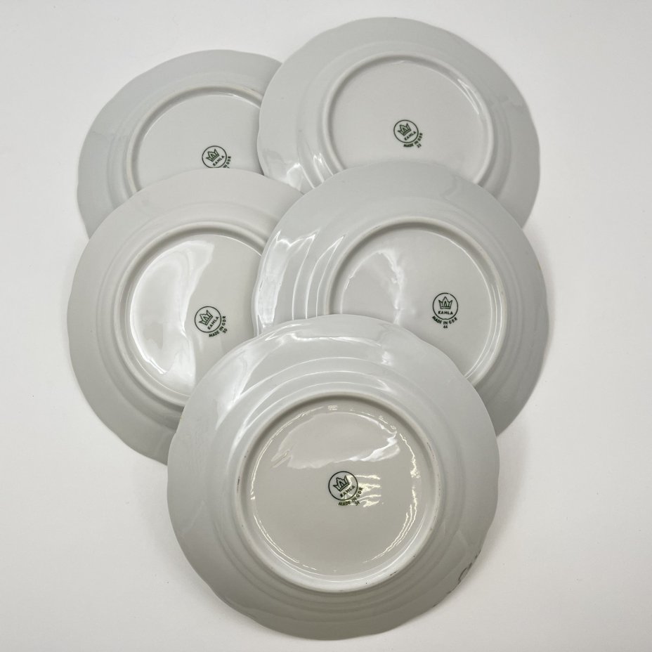 Набор десертных тарелок "Желтая роза" на 5 персон, фарфор, деколь, золочение, Kahla, ГДР, 1970-1980 гг.