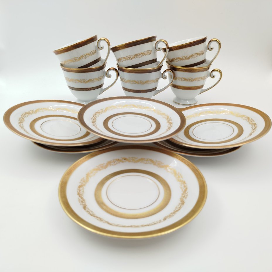 Набор кофейных пар с растительным декором на 6 персон, серия "Charleroi-Bruxelles", фарфор, золочение, Tirschenreuth, Германия, 1969-1990 гг.