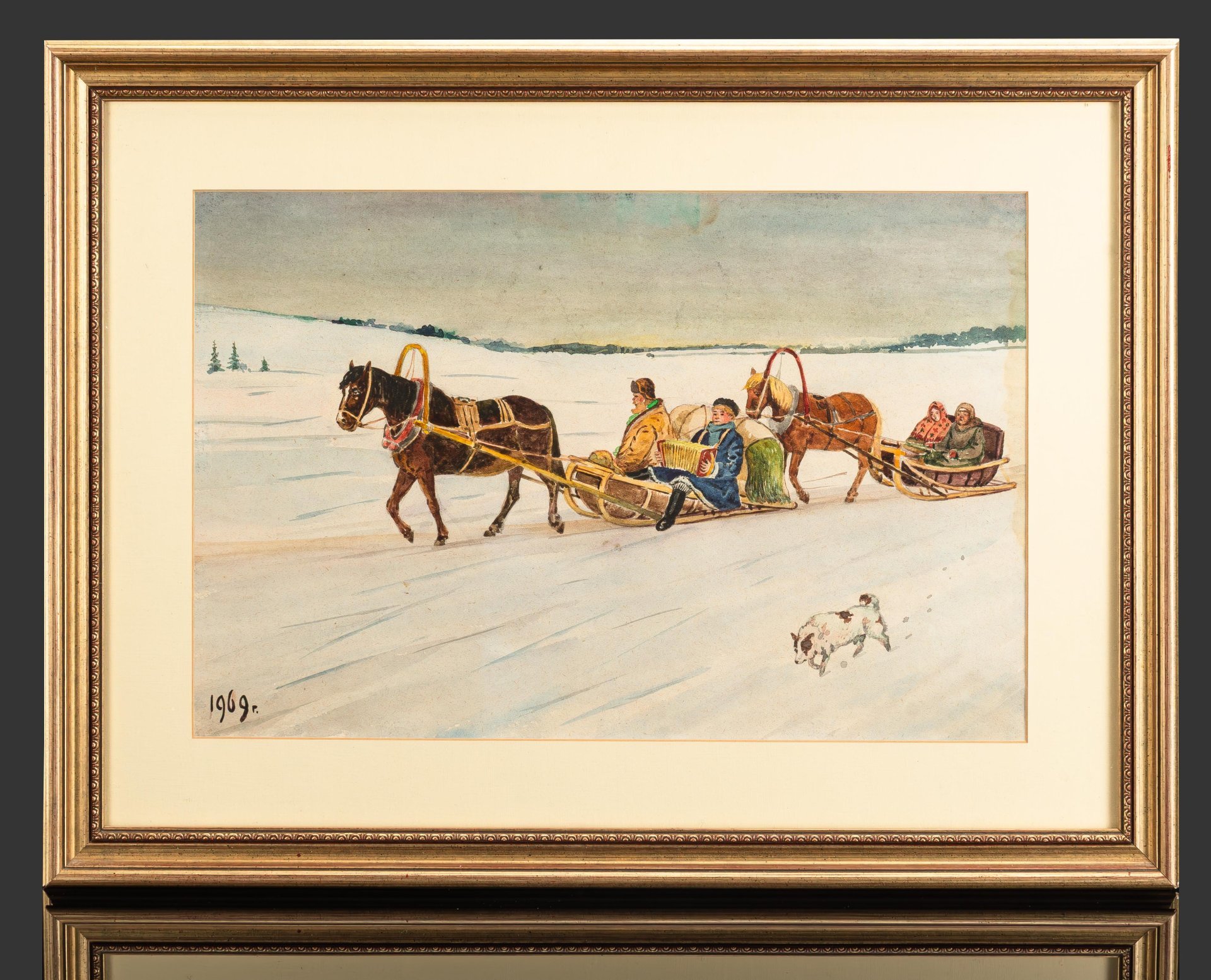 Картина "Зимний пейзаж с санями" (название условное), оформленная в паспарту и раму, неизвестный художник