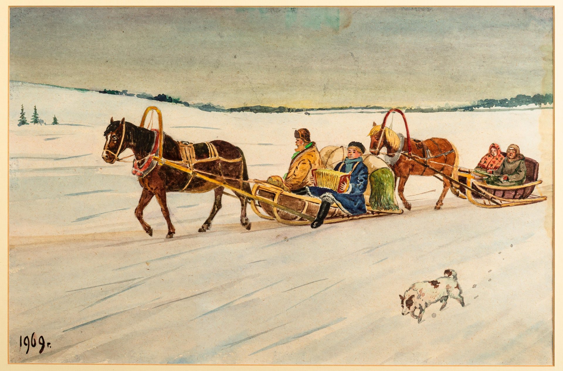 Картина "Зимний пейзаж с санями" (название условное), оформленная в паспарту и раму, неизвестный художник