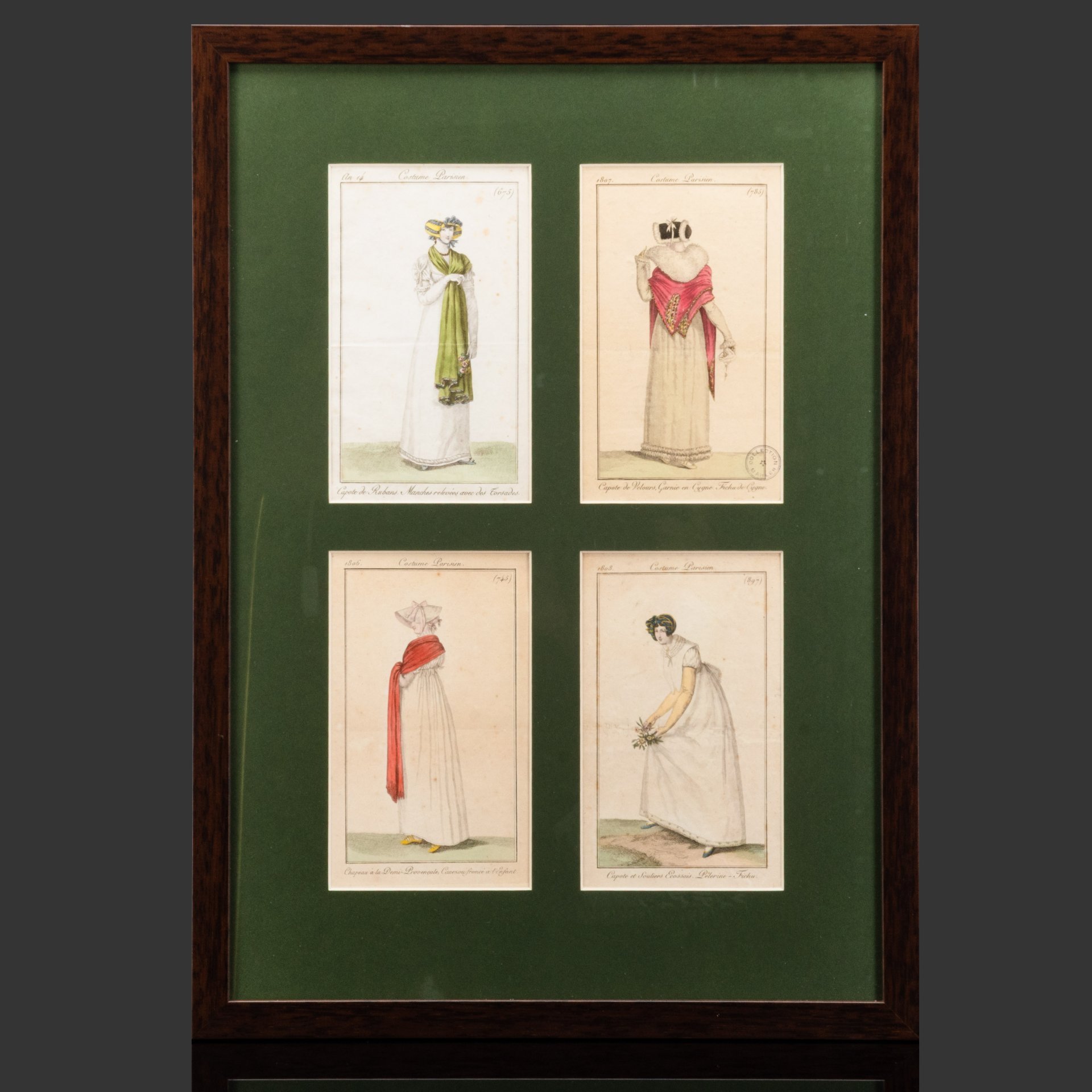 Набор из 4-х гравюр "Costume Parisien" из  журнала мод (Le Journal des Dames et des Modes) в раме