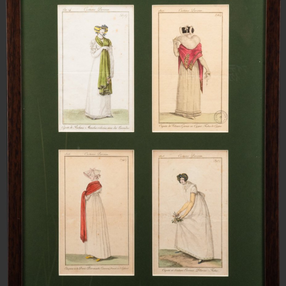 Набор из 4-х гравюр "Costume Parisien" из  журнала мод (Le Journal des Dames et des Modes) в раме