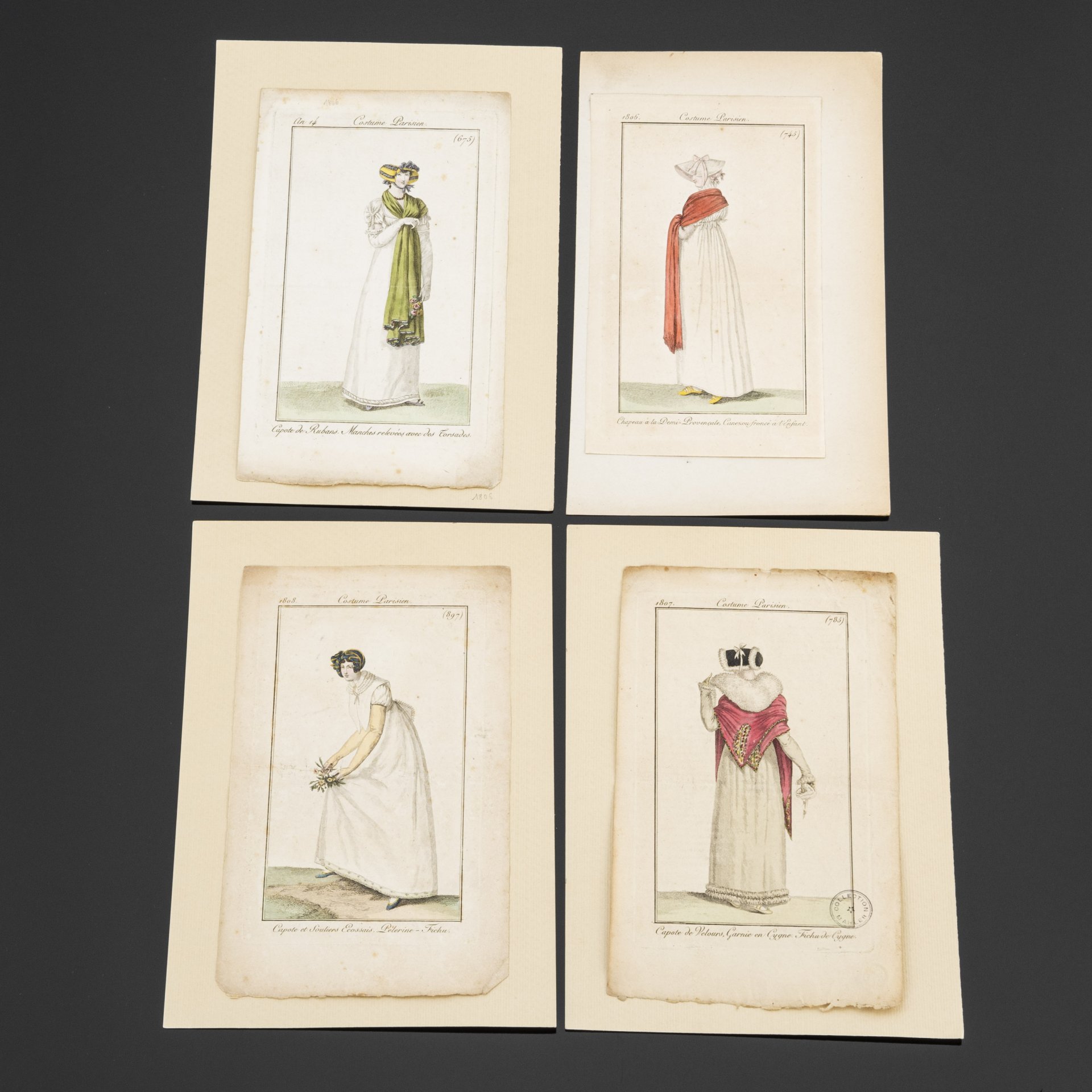 Набор из 4-х гравюр "Costume Parisien" из  журнала мод (Le Journal des Dames et des Modes) в раме