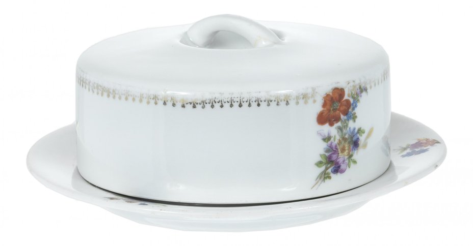 Масленка, декорированная цветами, фарфор, Барановский фарфоровый завод, УССР, 1934-1937 гг.