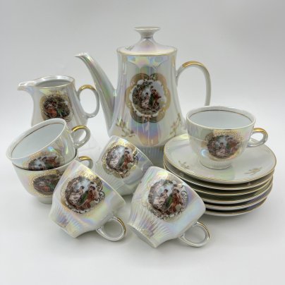 Сервиз кофейный на 6 персон "Мадонна" (15 предметов), фарфор, люстр, деколь, золочение, Colditz (Кольдиц), ГДР, 1960-1980 гг.