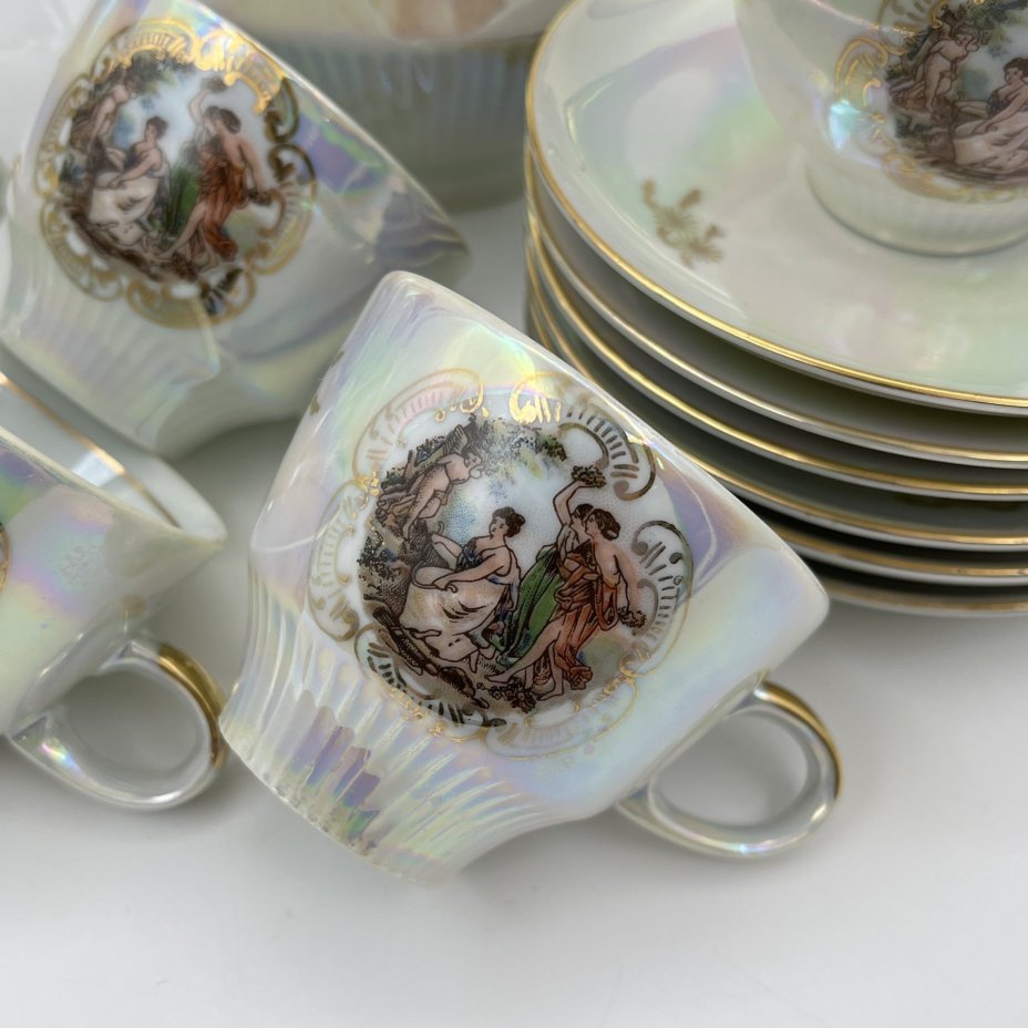 Сервиз кофейный на 6 персон "Мадонна" (15 предметов), фарфор, люстр, деколь, золочение, Colditz (Кольдиц), ГДР, 1960-1980 гг.