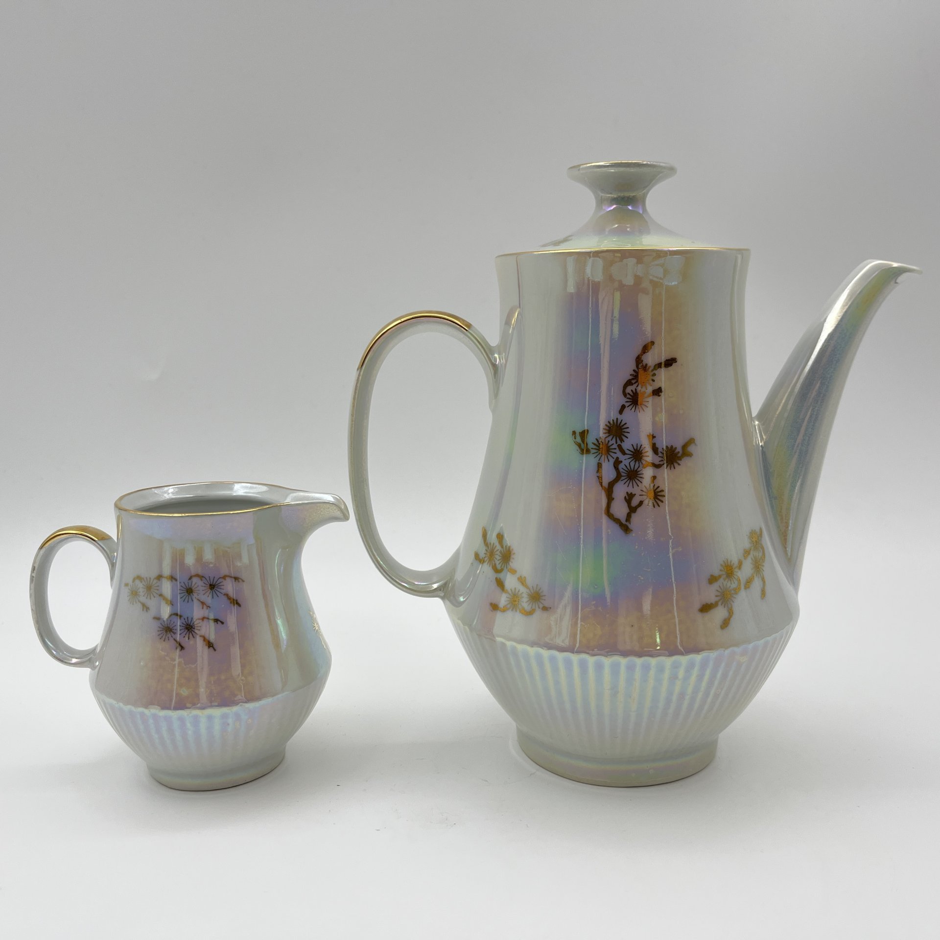 Сервиз кофейный на 6 персон "Мадонна" (15 предметов), фарфор, люстр, деколь, золочение, Colditz (Кольдиц), ГДР, 1960-1980 гг.