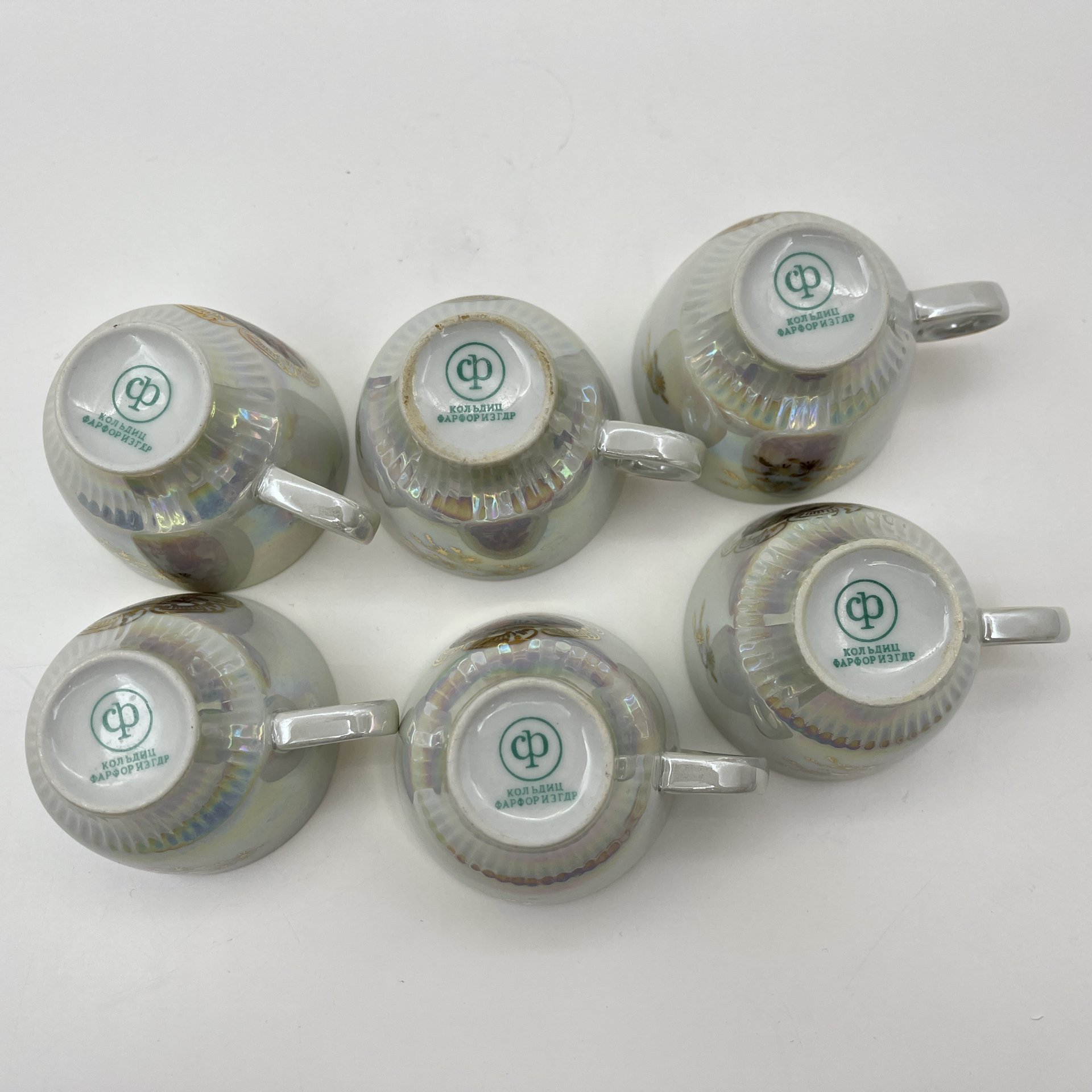 Сервиз кофейный на 6 персон "Мадонна" (15 предметов), фарфор, люстр, деколь, золочение, Colditz (Кольдиц), ГДР, 1960-1980 гг.