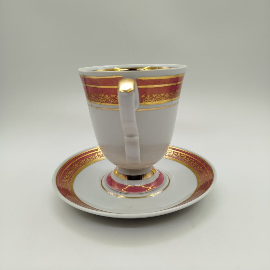 Чайная пара, форма "Классический" ,рисунок "Коралловый", фарфор, крытье, золочение, деколь, Дулевский фарфоровый завод (Дулёво), СССР, 1968-1991 гг.