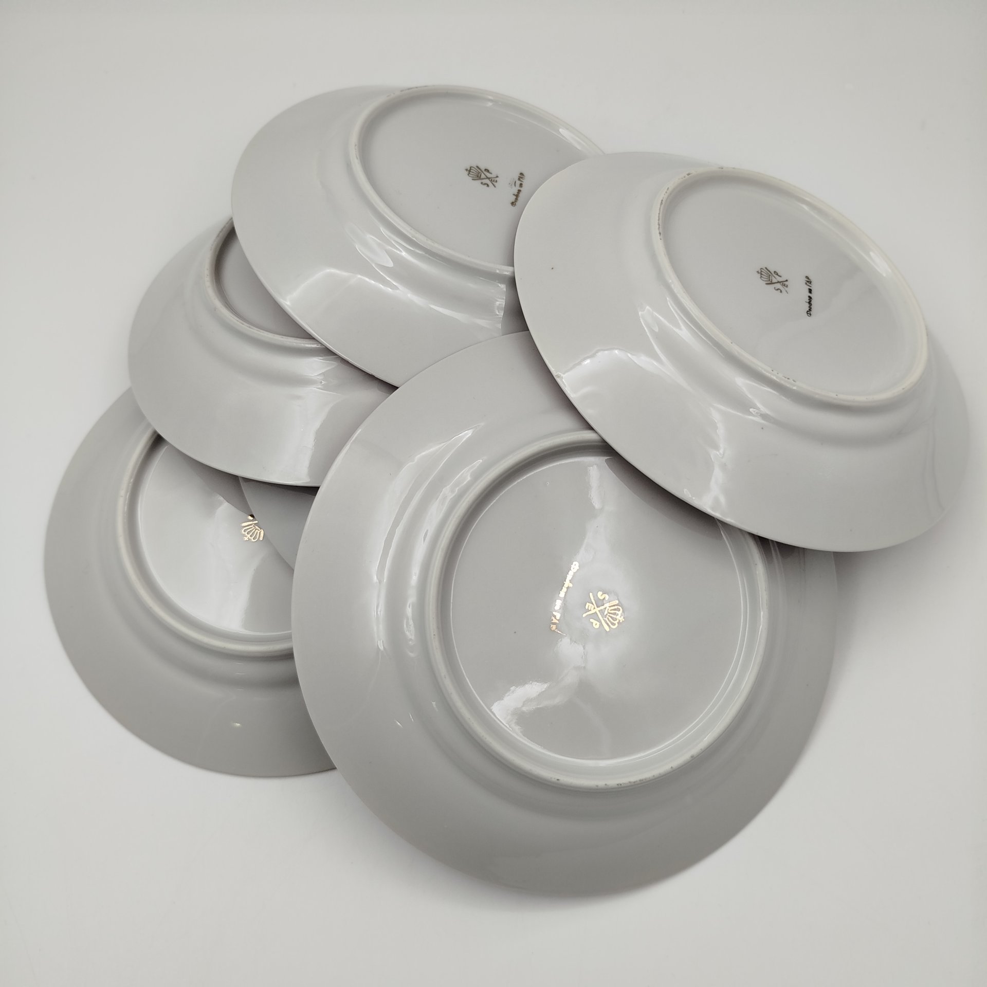 Набор пирожковых (закусочных) тарелок из сервиза "Гейша" на 6 персон, фарфор, люстр, деколь, золочение, Spezial Eisenberg Porzellan (SEP), ГДР, 1960-1980 гг.