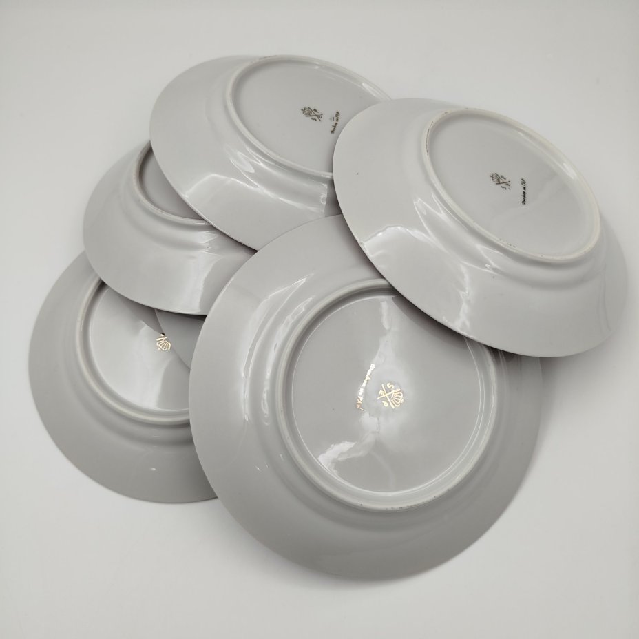 Набор пирожковых (закусочных) тарелок из сервиза "Гейша" на 6 персон, фарфор, люстр, деколь, золочение, Spezial Eisenberg Porzellan (SEP), ГДР, 1960-1980 гг.