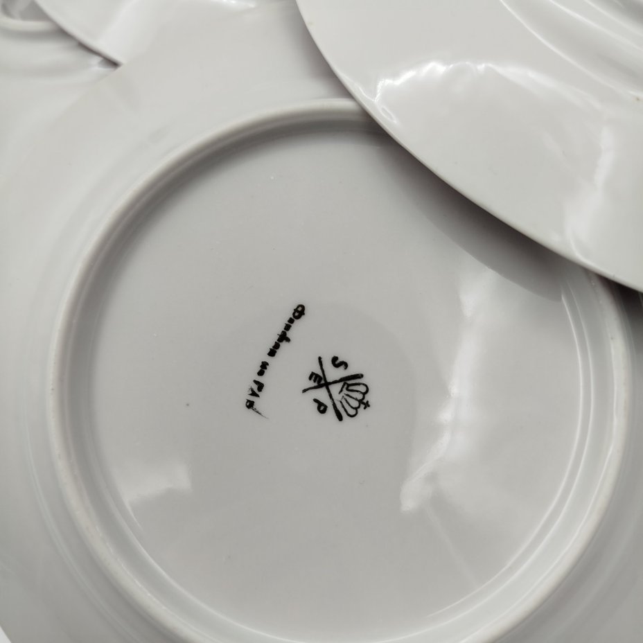 Набор пирожковых (закусочных) тарелок из сервиза "Гейша" на 6 персон, фарфор, люстр, деколь, золочение, Spezial Eisenberg Porzellan (SEP), ГДР, 1960-1980 гг.