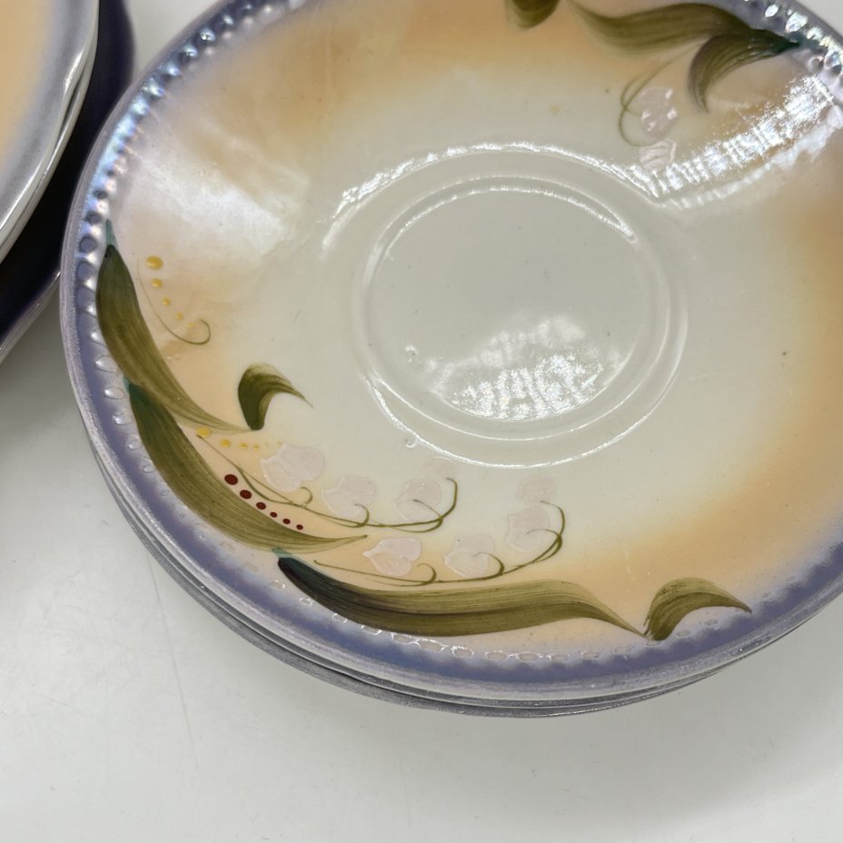 Набор из 3 тарелок и 3 блюдец с декором "Ландыши", фарфор, аэрография, роспись, Коростенский фарфоровый завод (КФЗ), СССР, 1960-1991 гг.