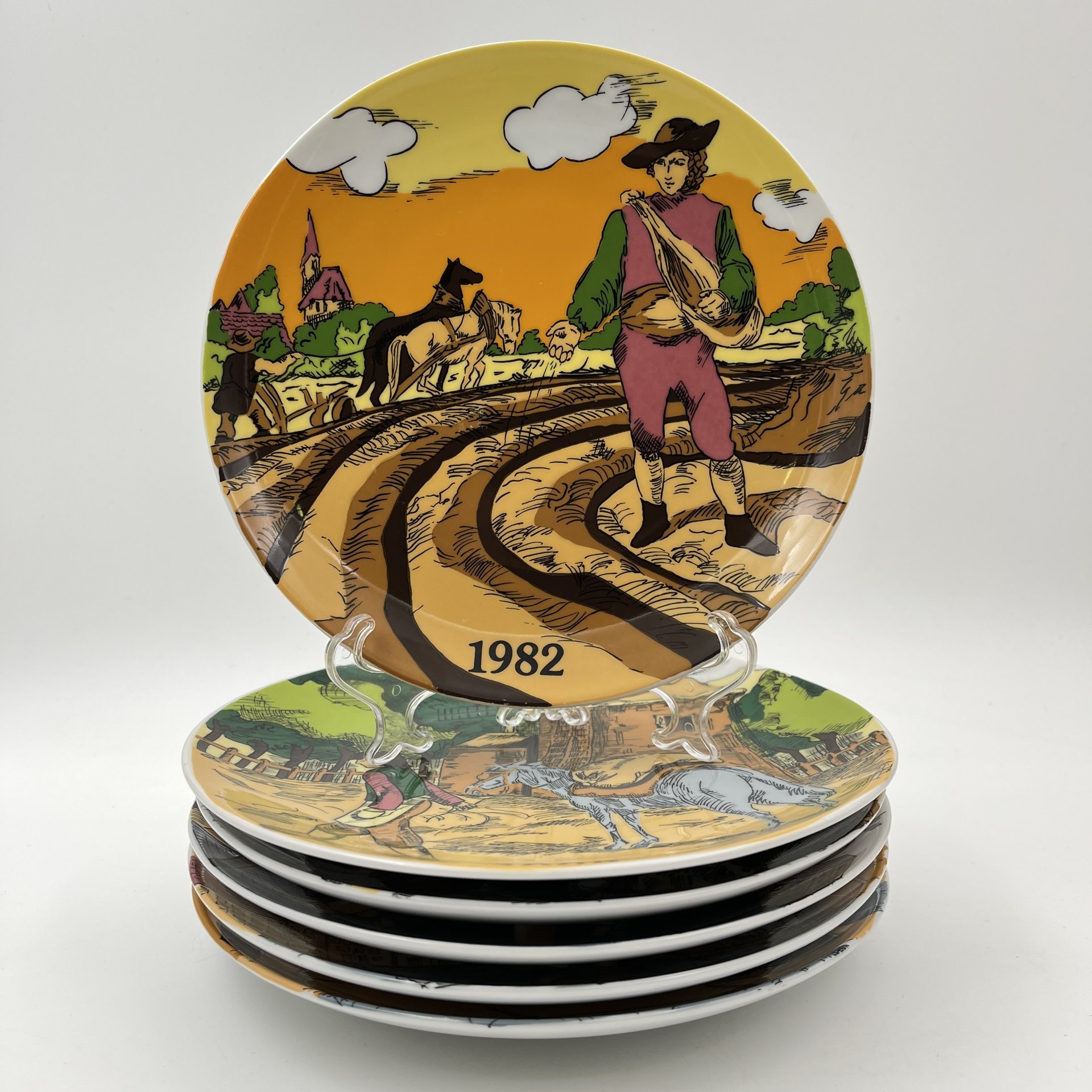 Набор из 6-ти тарелок с изображением народных сцен, фарфор, деколь, крытье, Gebrüder Winterling, Германия, 1982-1987 гг.