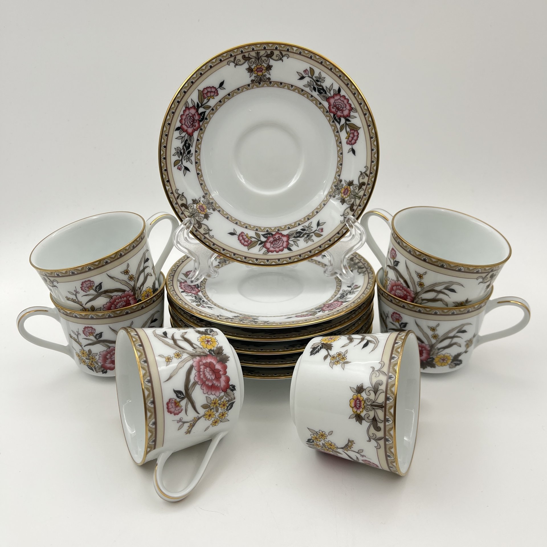 Набор кофейных пар с цветочным декором на 6 персон, фарфор, деколь, золочение, Noritake, Япония, 1963-1980 гг.