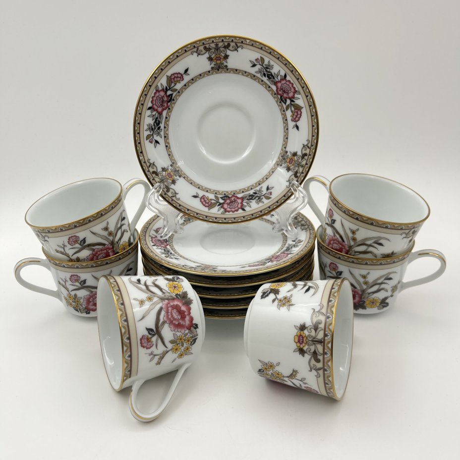 Набор кофейных пар с цветочным декором на 6 персон, фарфор, деколь, золочение, Noritake, Япония, 1963-1980 гг.