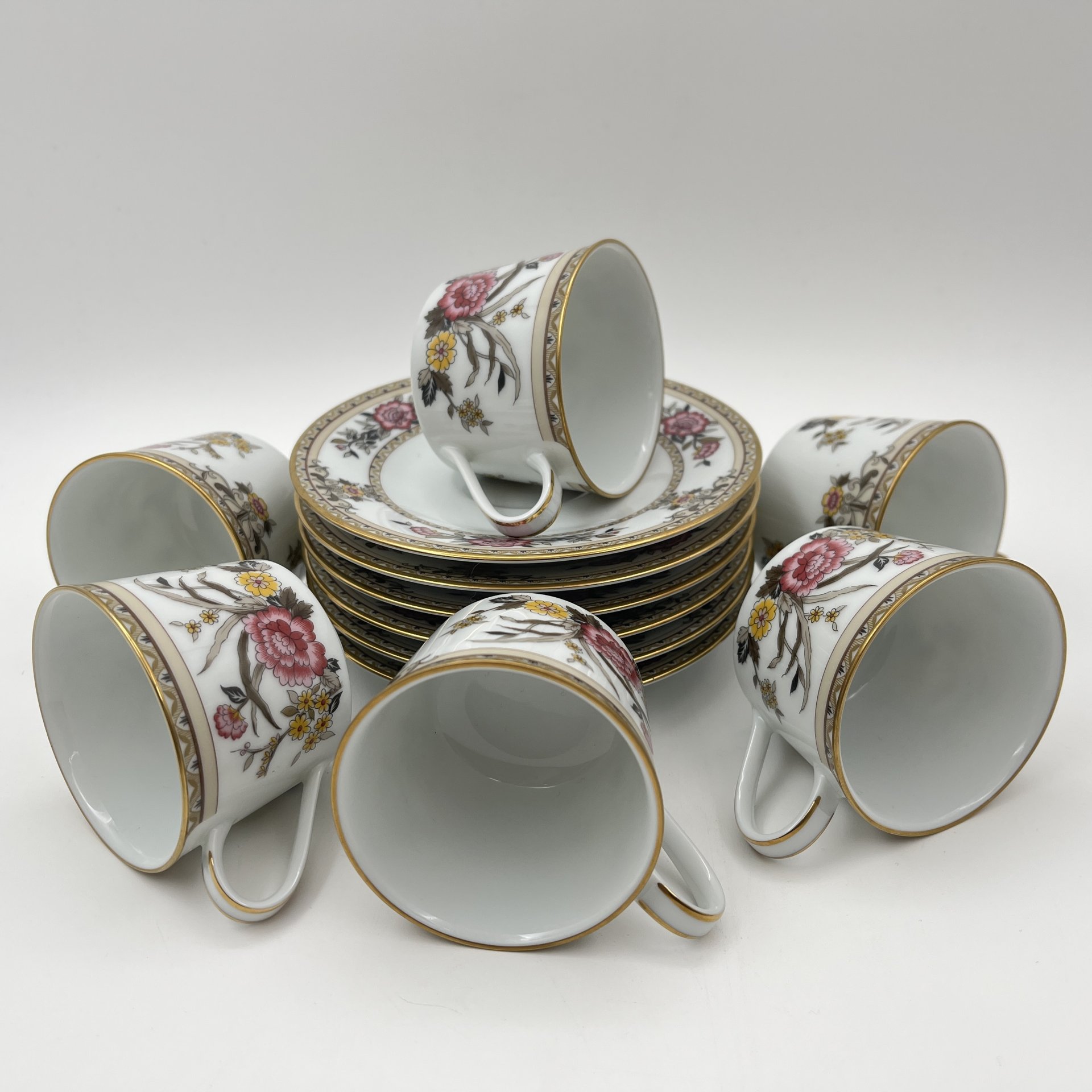 Набор кофейных пар с цветочным декором на 6 персон, фарфор, деколь, золочение, Noritake, Япония, 1963-1980 гг.