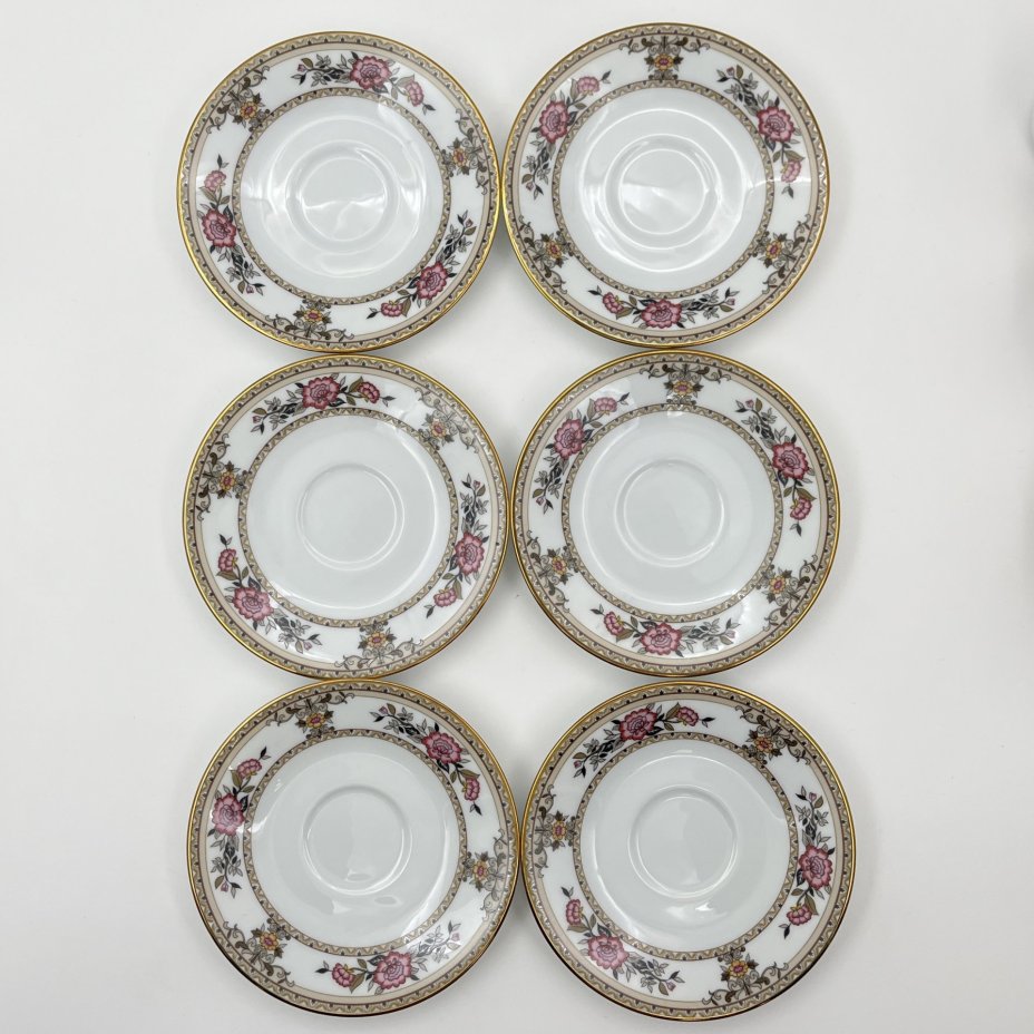 Набор кофейных пар с цветочным декором на 6 персон, фарфор, деколь, золочение, Noritake, Япония, 1963-1980 гг.