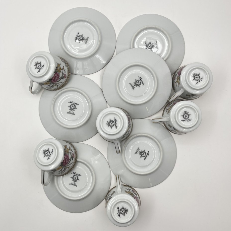 Набор кофейных пар с цветочным декором на 6 персон, фарфор, деколь, золочение, Noritake, Япония, 1963-1980 гг.