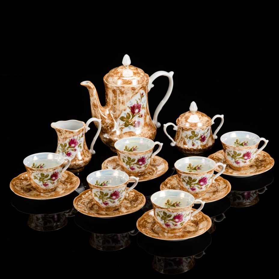 Сервиз чайный с декором в виде роз и разводов на 6 персон (15 предметов)