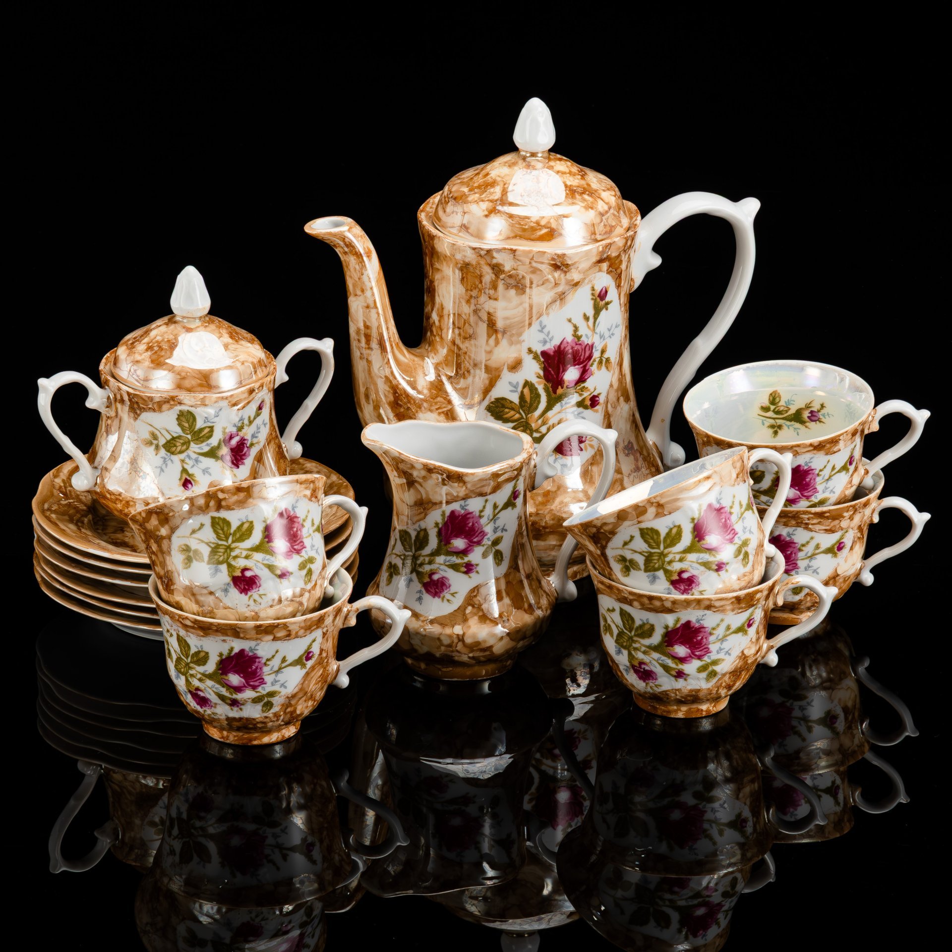 Сервиз чайный с декором в виде роз и разводов на 6 персон (15 предметов)