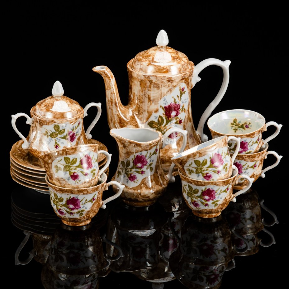 Сервиз чайный с декором в виде роз и разводов на 6 персон (15 предметов)