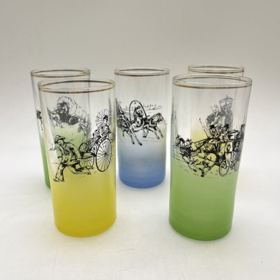 Набор из 5 стаканов с изображением разных видов транспорта, стекло, деколь, золочение, Чехословакия, 1970-1990 гг.