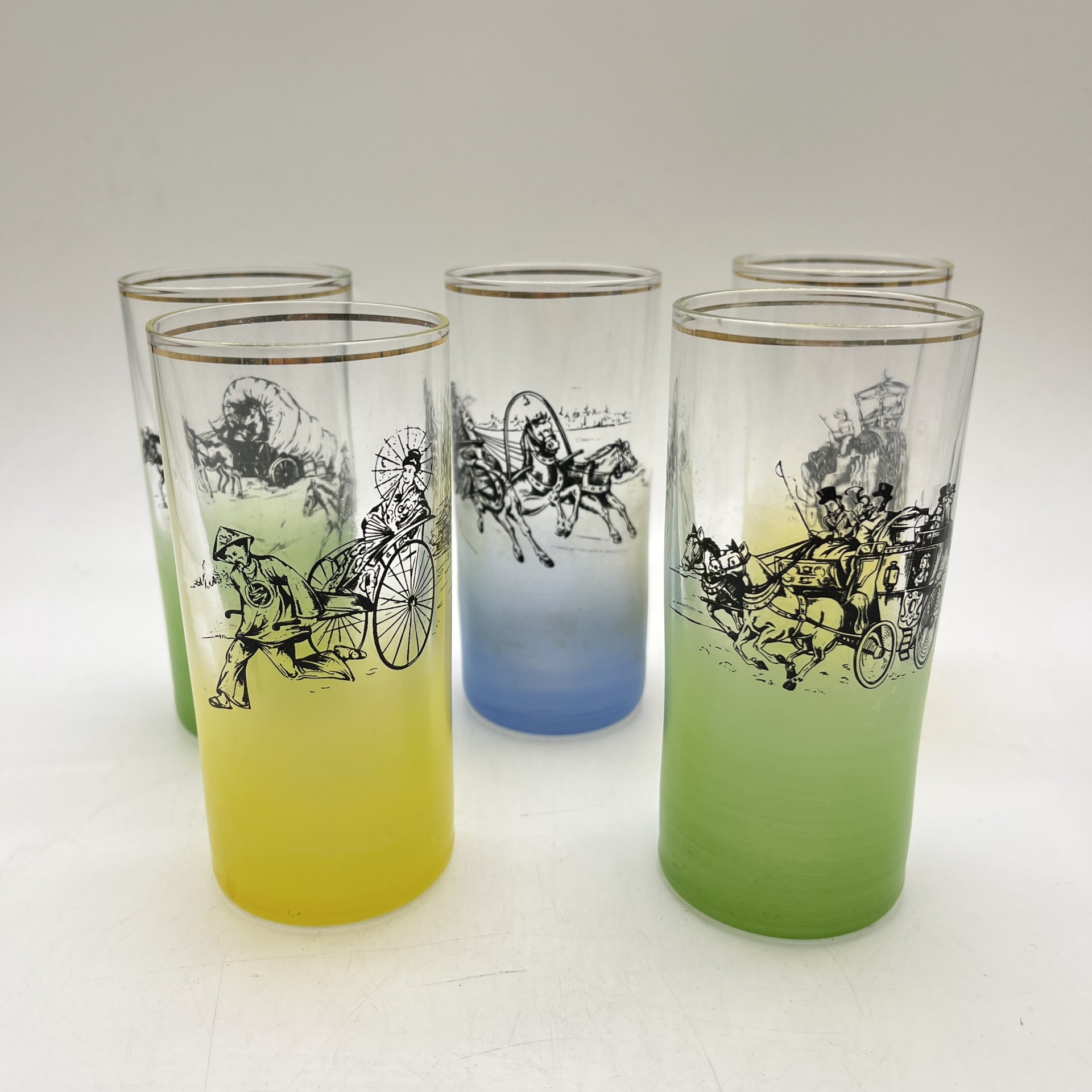 Набор из 5 стаканов с изображением разных видов транспорта, стекло, деколь, золочение, Чехословакия, 1970-1990 гг.