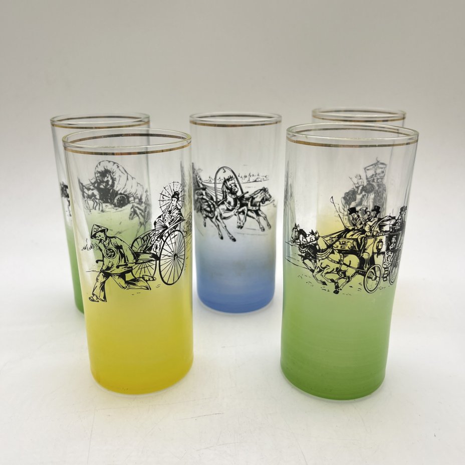 Набор из 5 стаканов с изображением разных видов транспорта, стекло, деколь, золочение, Чехословакия, 1970-1990 гг.